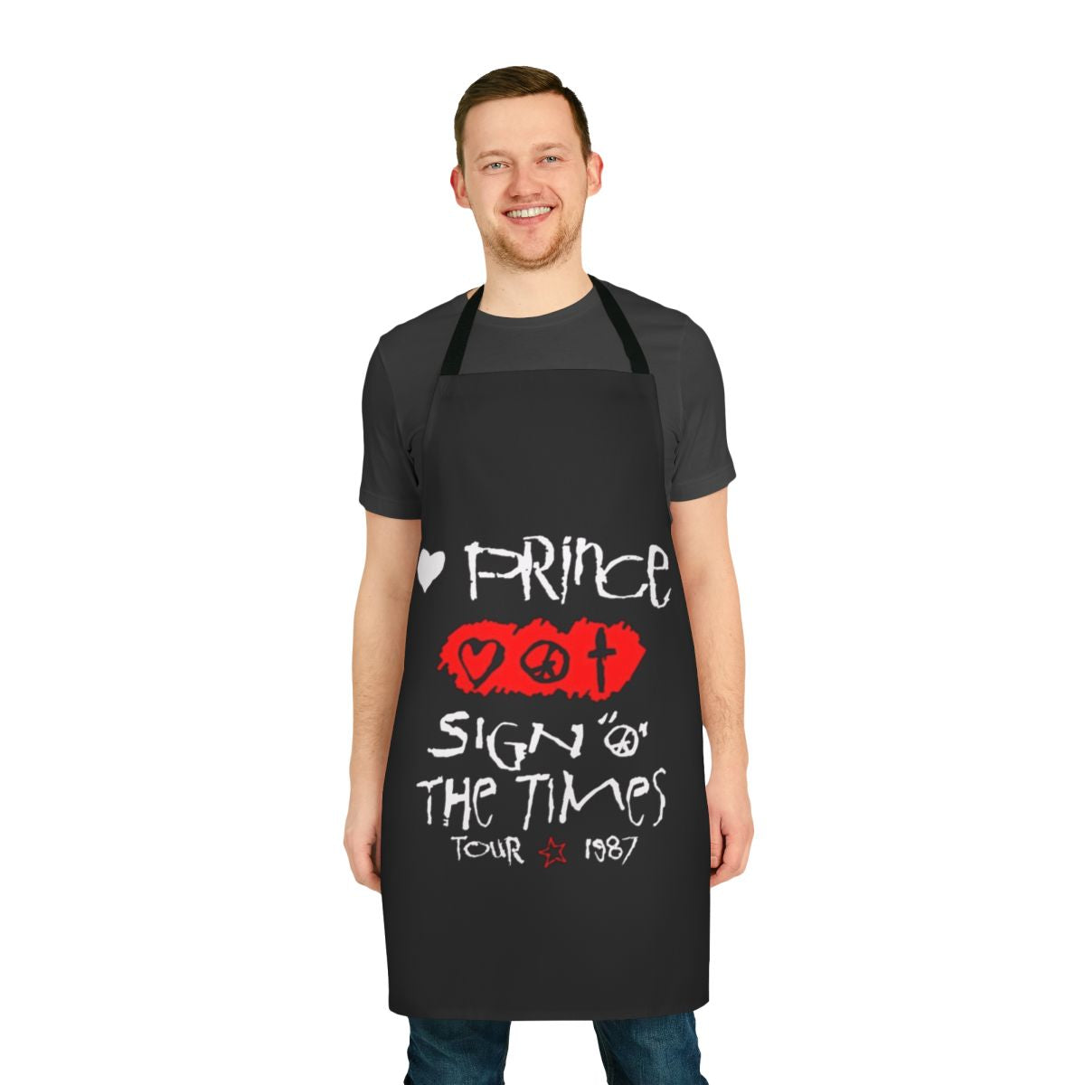 Vintage-style apron featuring the lyrics and title of Prince's classic album "Sign The Times"