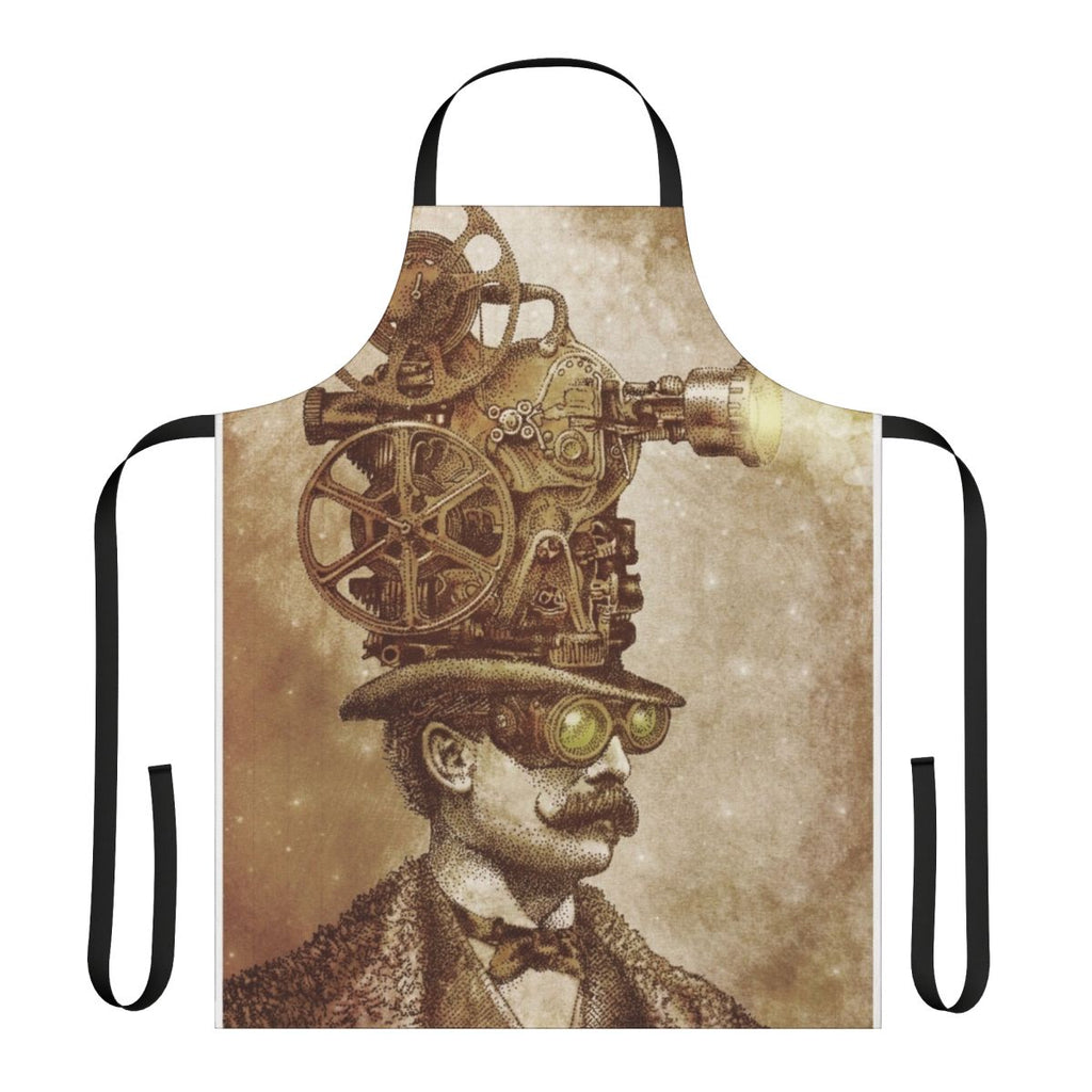 A sepia-toned illustration of a vintage movie projector and stars, creating a whimsical and surreal fantasy design for a vintage projection-themed apron.