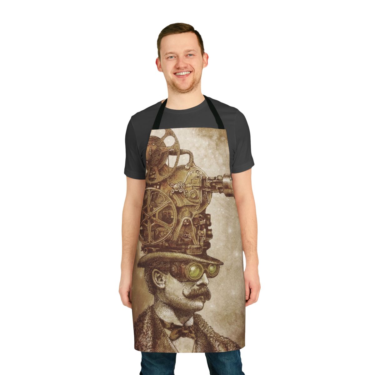 A sepia-toned illustration of a vintage movie projector and stars, creating a whimsical and surreal fantasy design for a vintage projection-themed apron.
