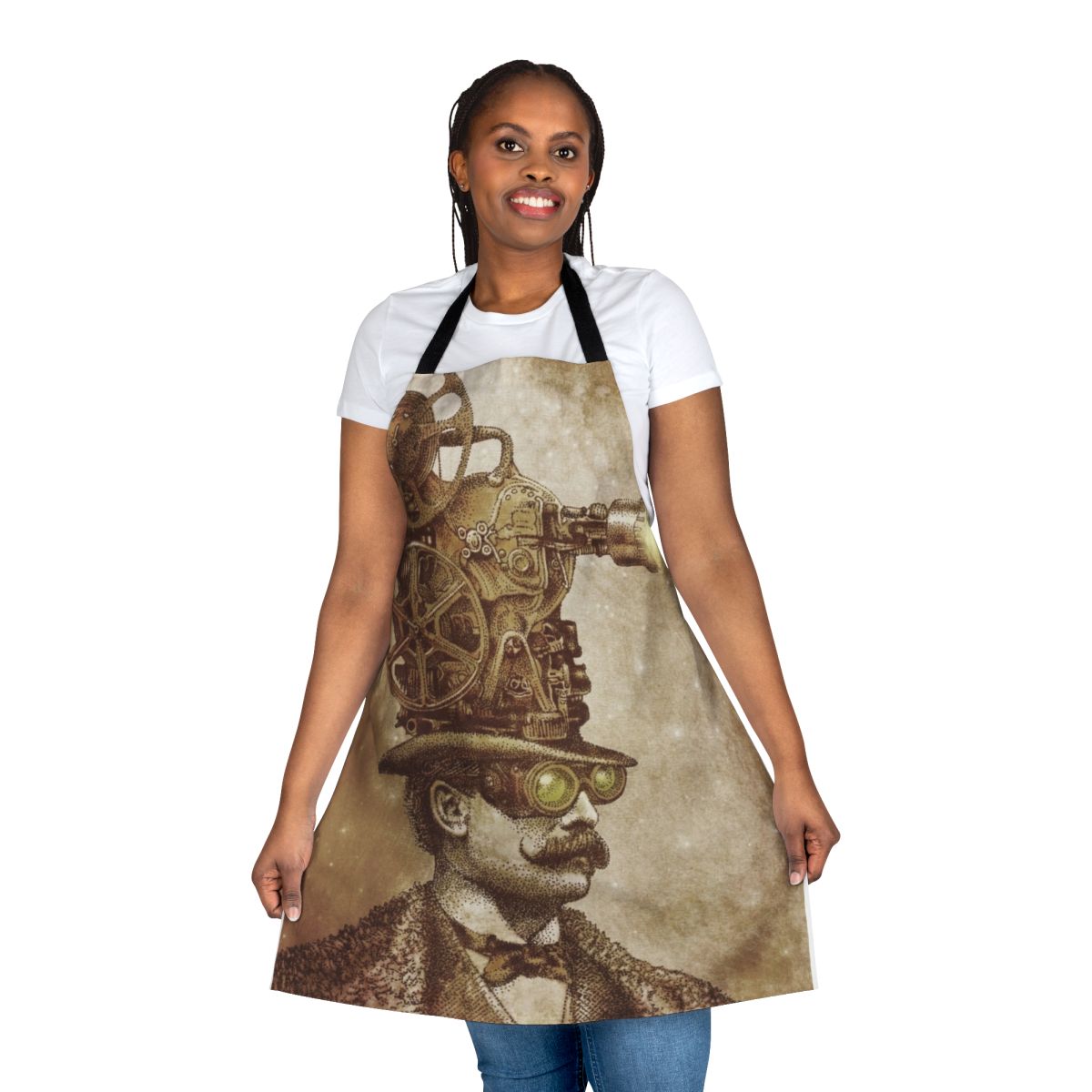 A sepia-toned illustration of a vintage movie projector and stars, creating a whimsical and surreal fantasy design for a vintage projection-themed apron.