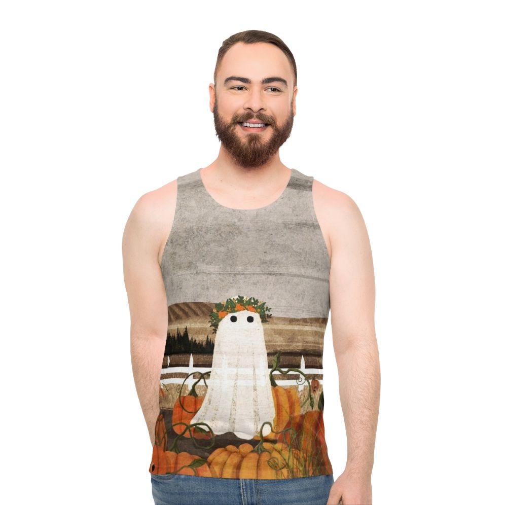 Unisex tank top with vintage pumpkins patch and ghost design