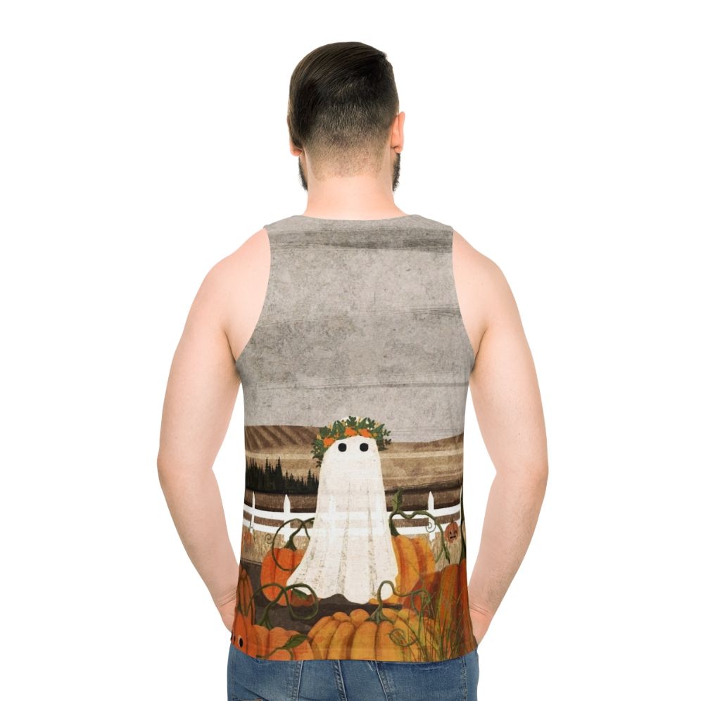 Unisex tank top with vintage pumpkins patch and ghost design