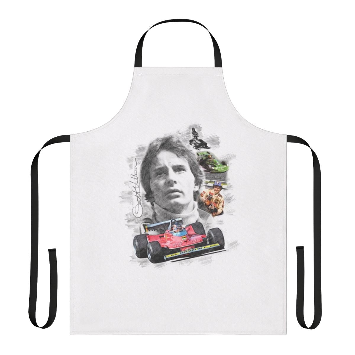 Vintage-style racing apron featuring the name and legacy of legendary Formula One driver Gilles Villeneuve