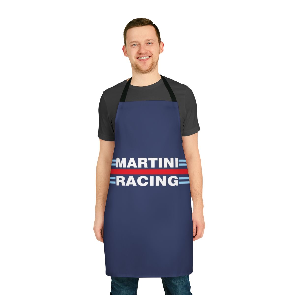 Retro-style motorsport apron with Martini racing design