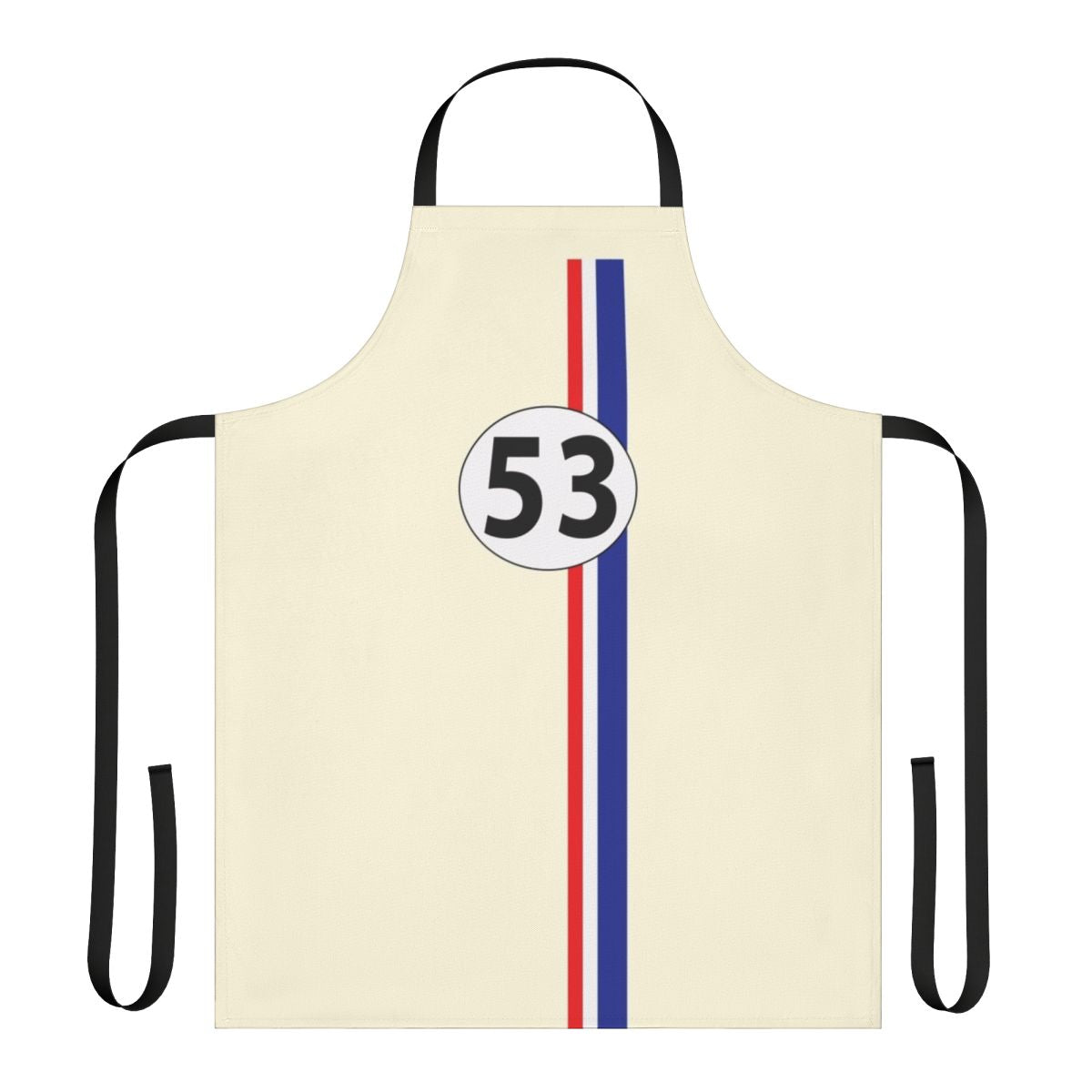 Vintage racing inspired apron featuring classic car design with red and blue stripes and racing number 53