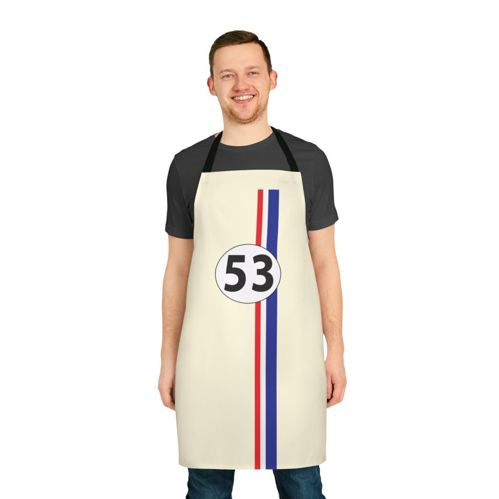 Vintage racing inspired apron featuring classic car design with red and blue stripes and racing number 53