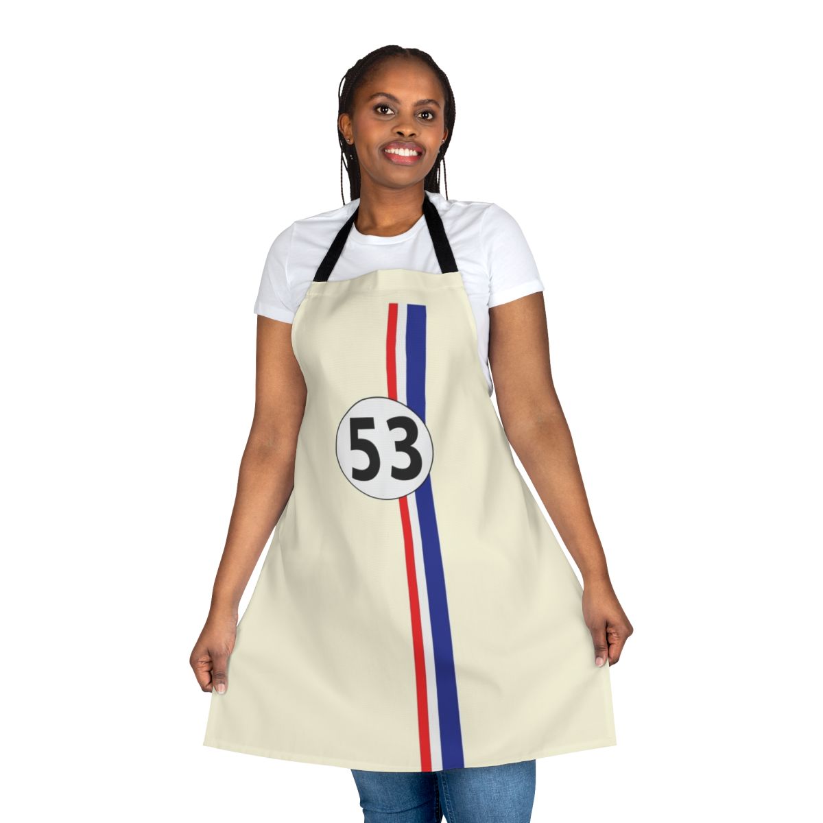 Vintage racing inspired apron featuring classic car design with red and blue stripes and racing number 53