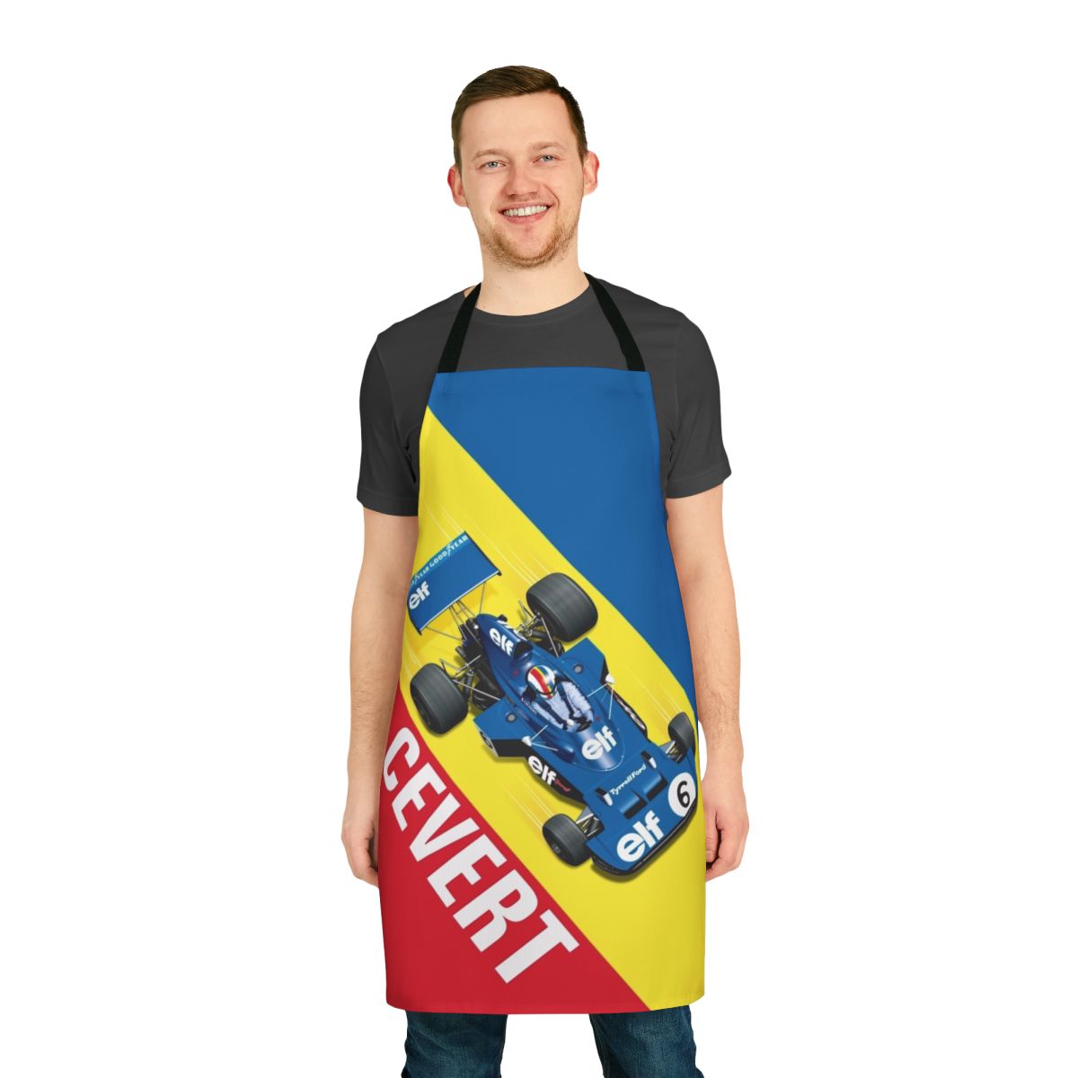 Retro racing-themed apron with a vintage formula one car graphic