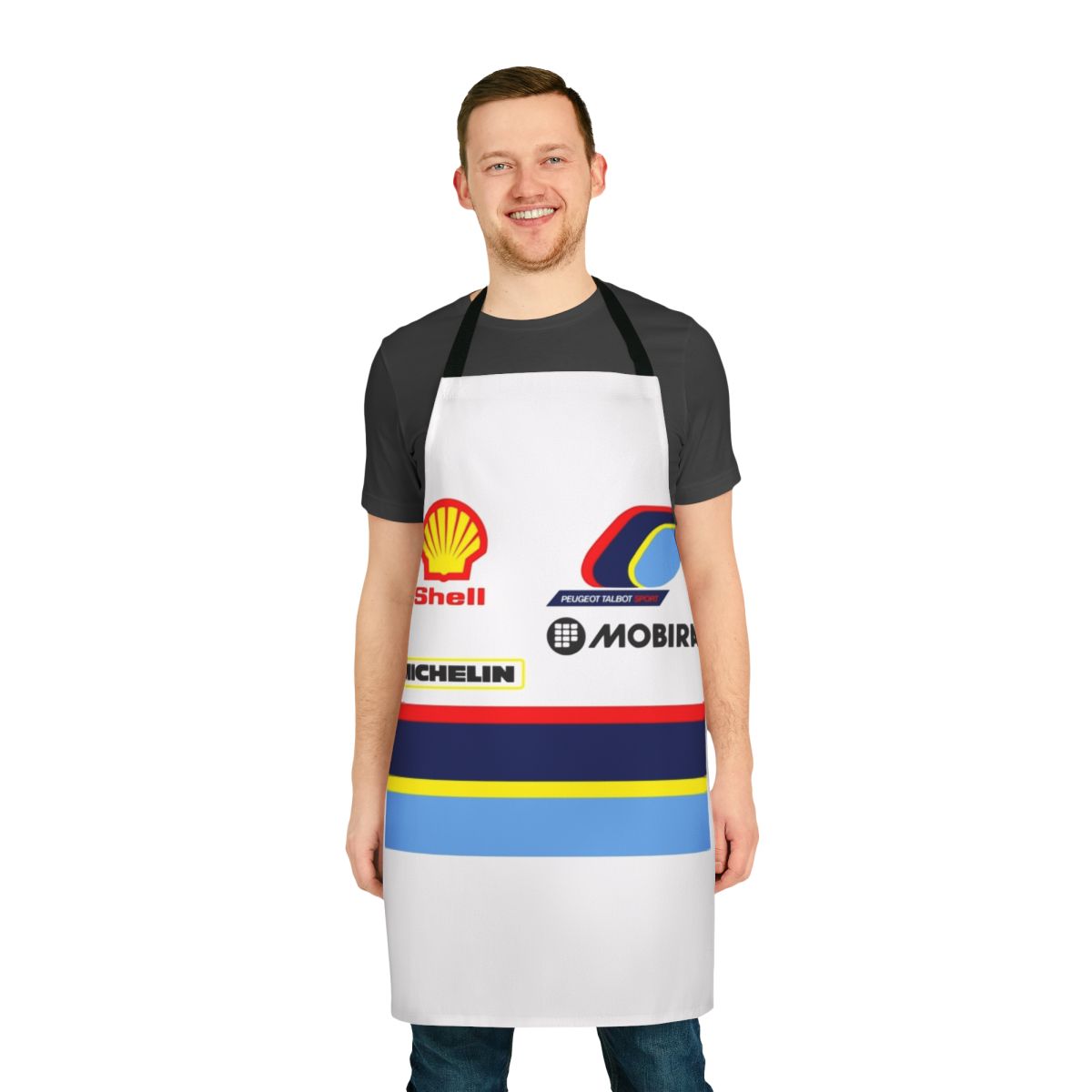 Vintage rally-inspired apron featuring iconic Group B rally car designs