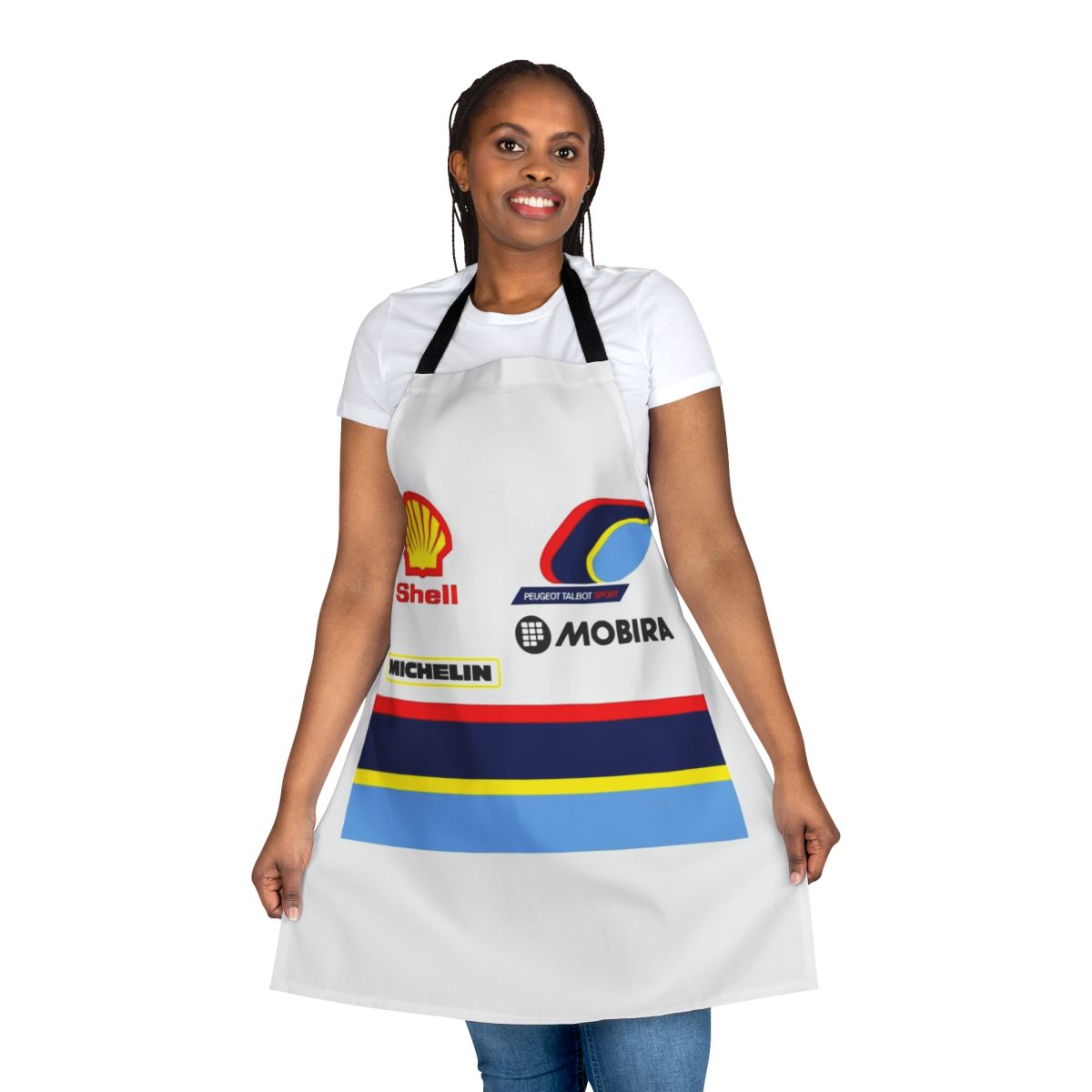 Vintage rally-inspired apron featuring iconic Group B rally car designs