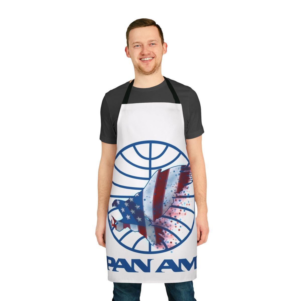 Vintage retro-styled apron featuring the iconic Pan Am airline logo and colors