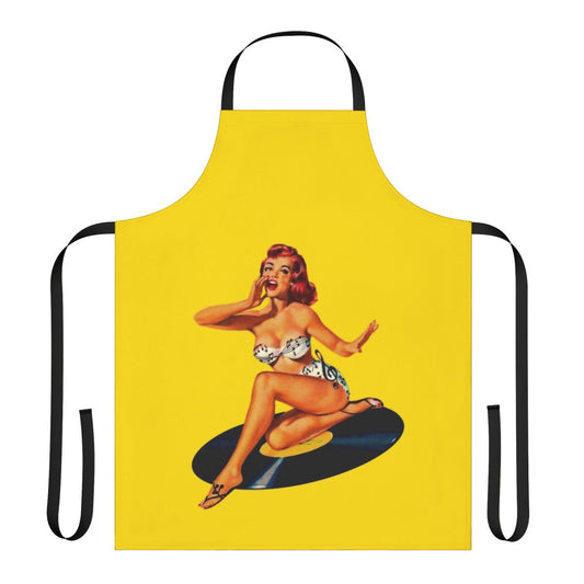 Vintage-inspired rockabilly-style apron with 50s/60s pinup, pop art, and retro music graphics