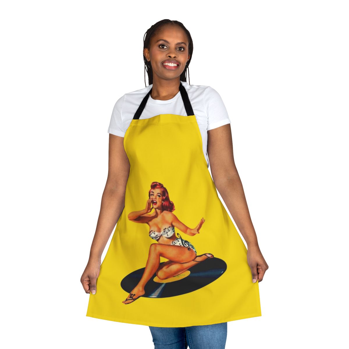 Vintage-inspired rockabilly-style apron with 50s/60s pinup, pop art, and retro music graphics
