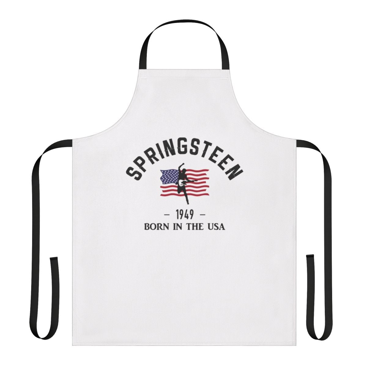 Vintage rock-inspired apron featuring the lyrics and imagery of Bruce Springsteen's iconic album "Born in the U.S.A."