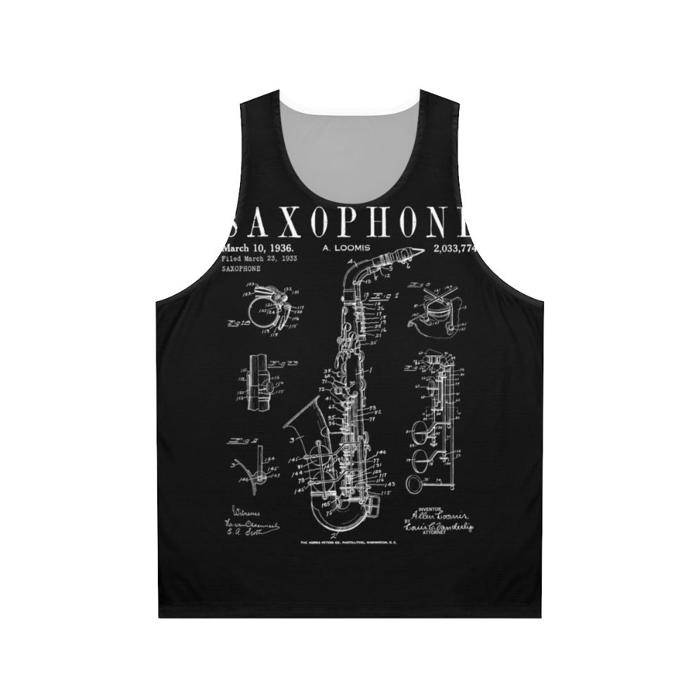 Vintage saxophone patent art printed on a unisex tank top