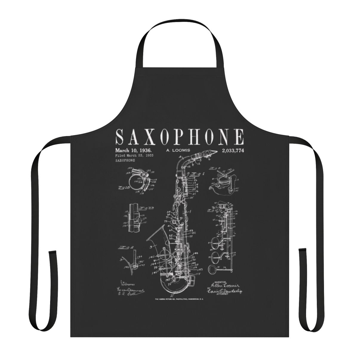 Vintage saxophone line drawing print on an apron