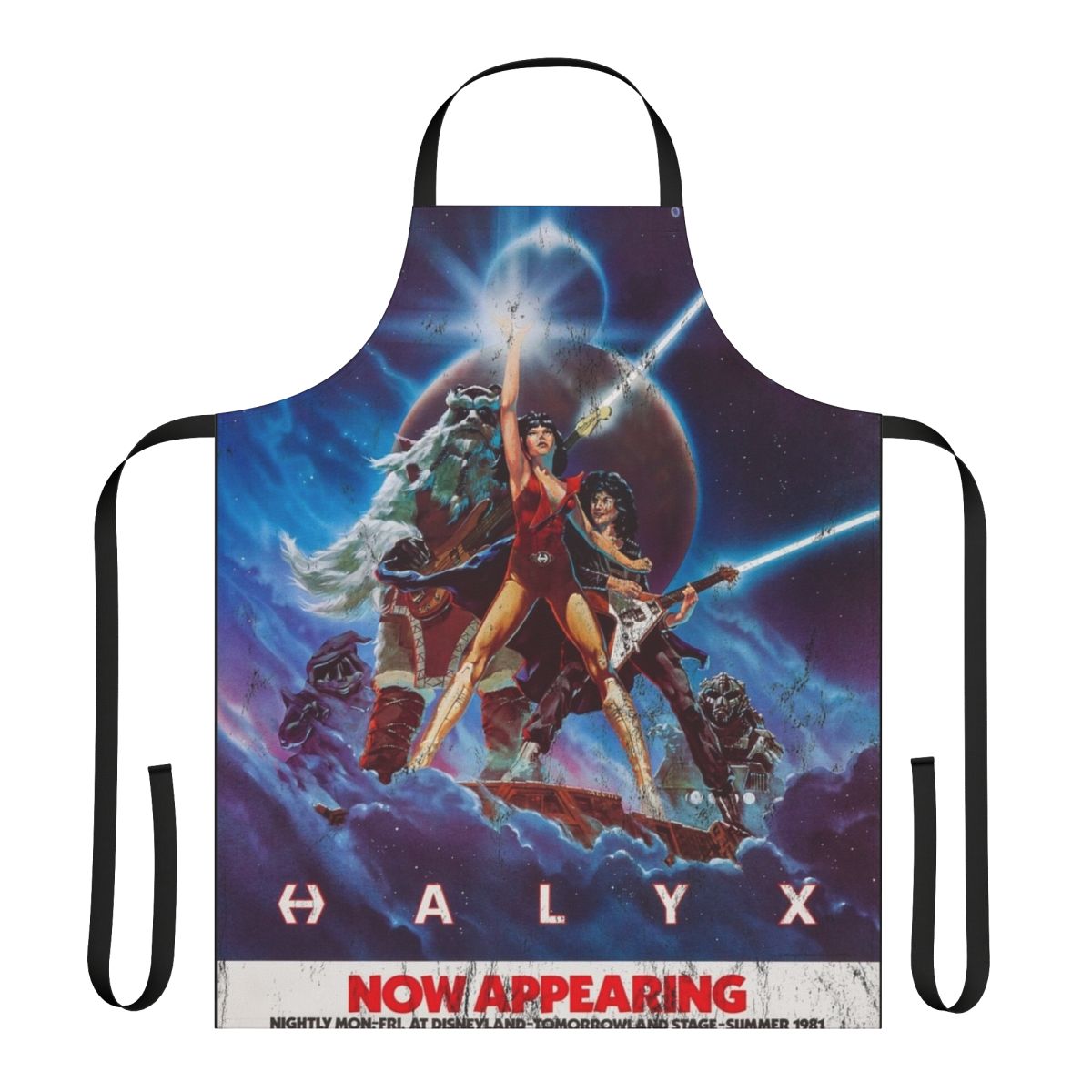 Vintage-style apron with a faded, worn science fiction and Star Wars inspired design