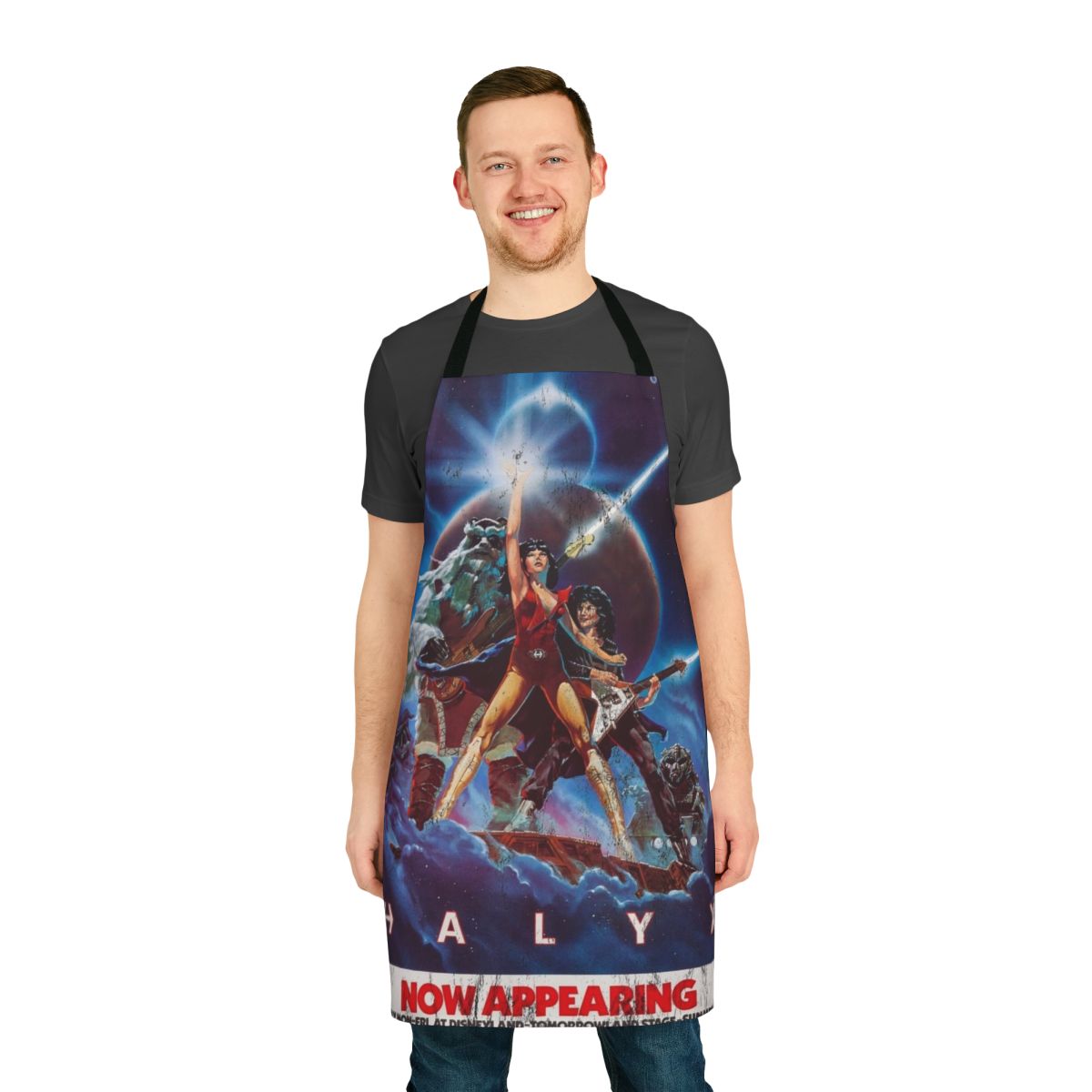 Vintage-style apron with a faded, worn science fiction and Star Wars inspired design