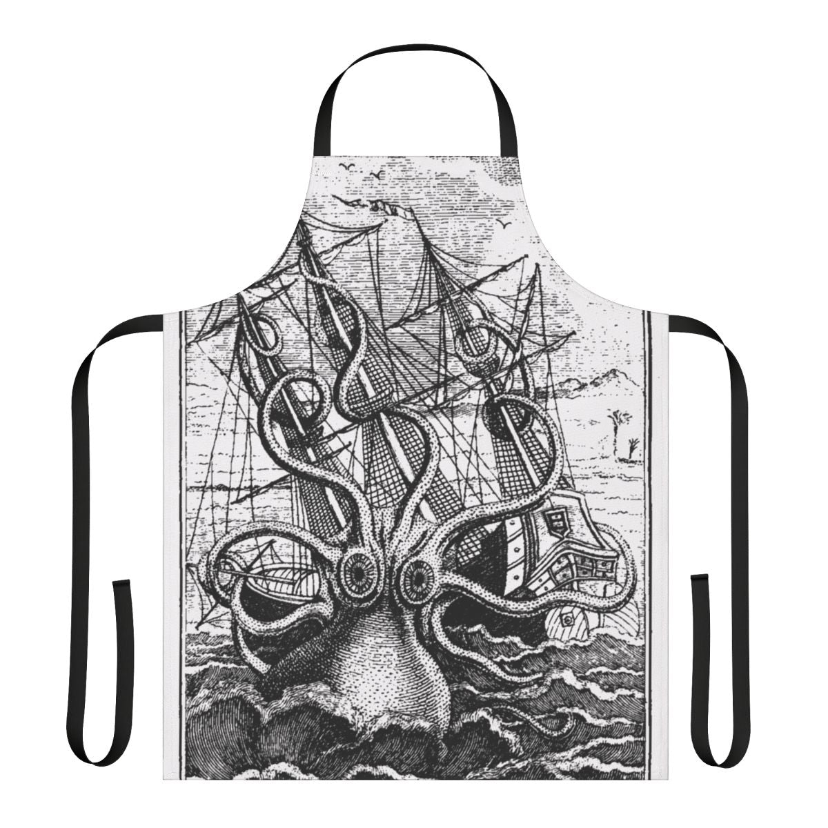 Vintage illustration of a kraken or giant squid attacking a sailing ship