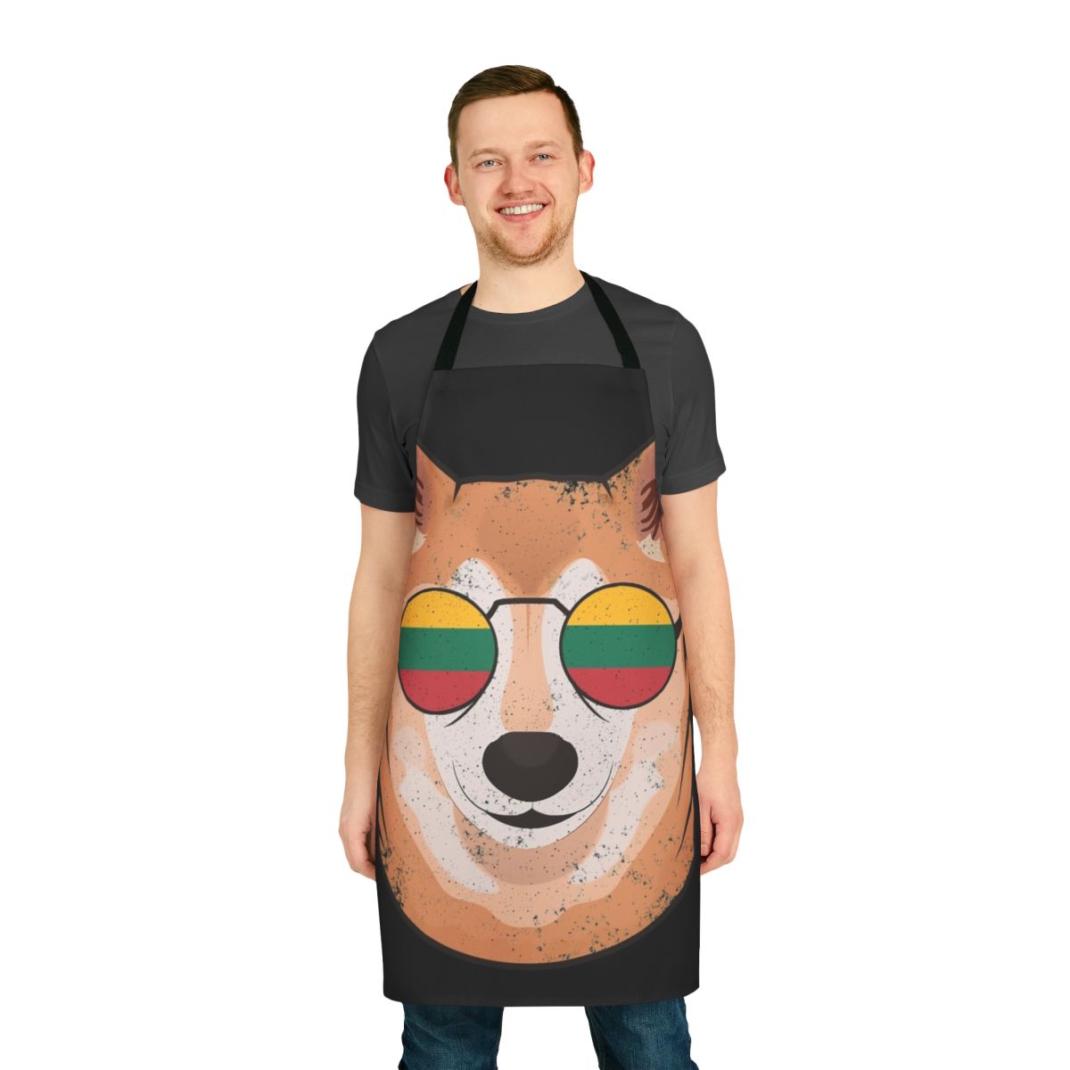 Vintage-style apron featuring a Shiba Inu dog and the Lithuanian flag, perfect for proud Lithuanian heritage or dog lovers.