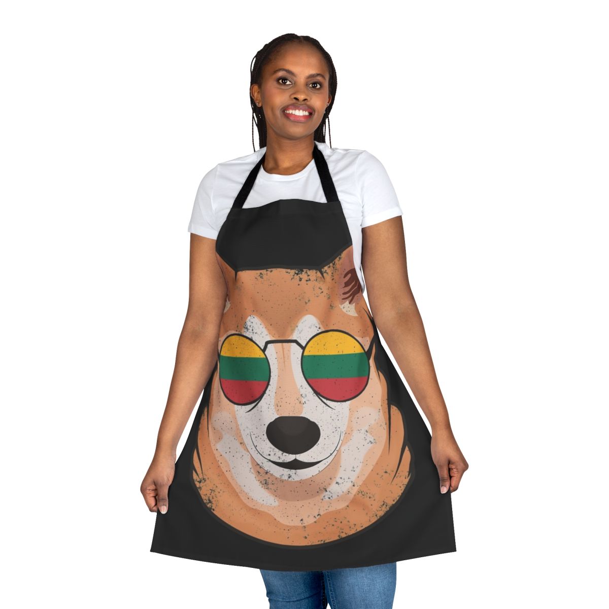 Vintage-style apron featuring a Shiba Inu dog and the Lithuanian flag, perfect for proud Lithuanian heritage or dog lovers.