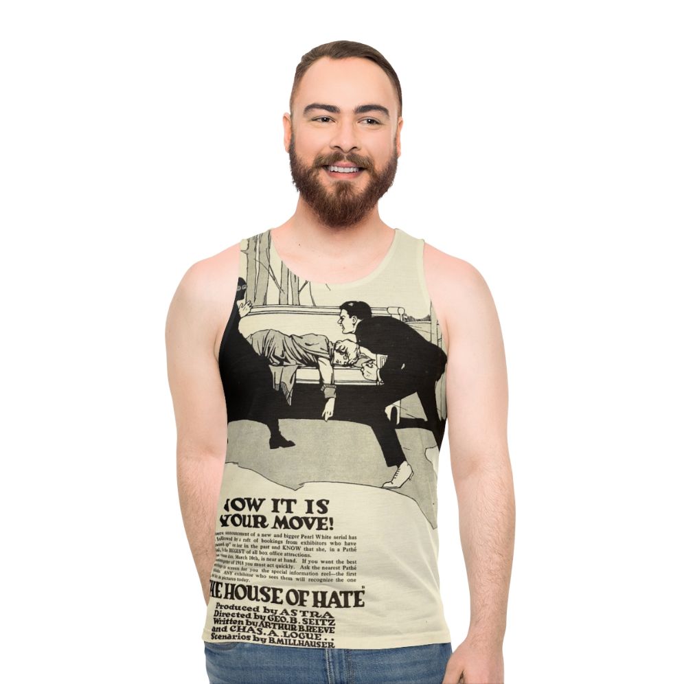 Unisex tank top featuring vintage silent movie design