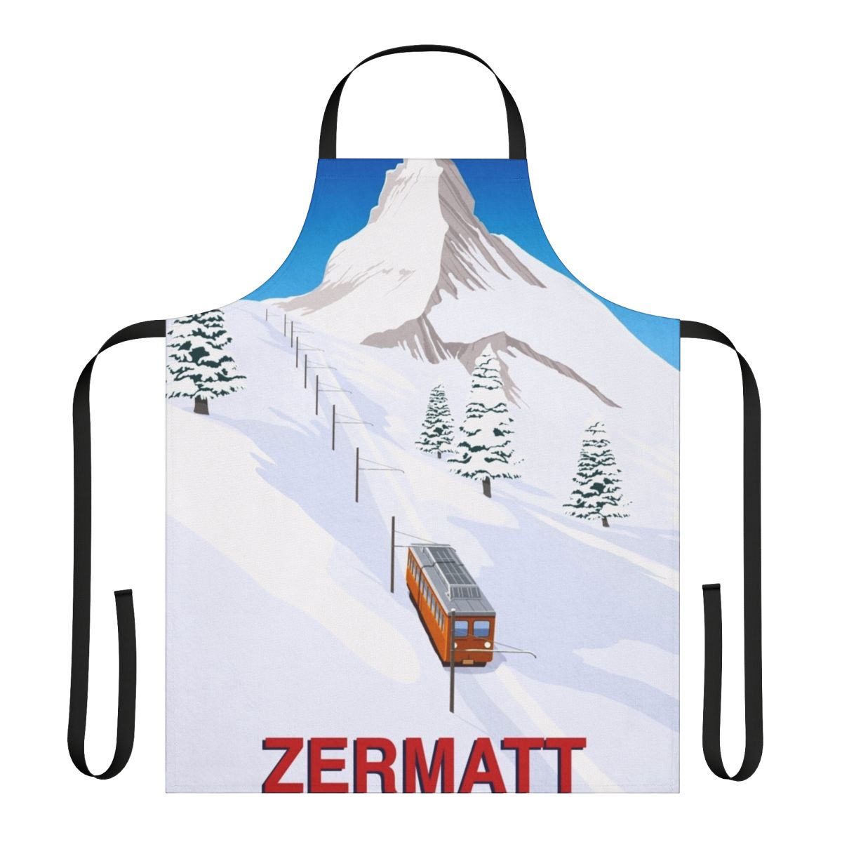 Vintage-style apron featuring a design inspired by the ski town of Zermatt, Switzerland and the Matterhorn mountain.
