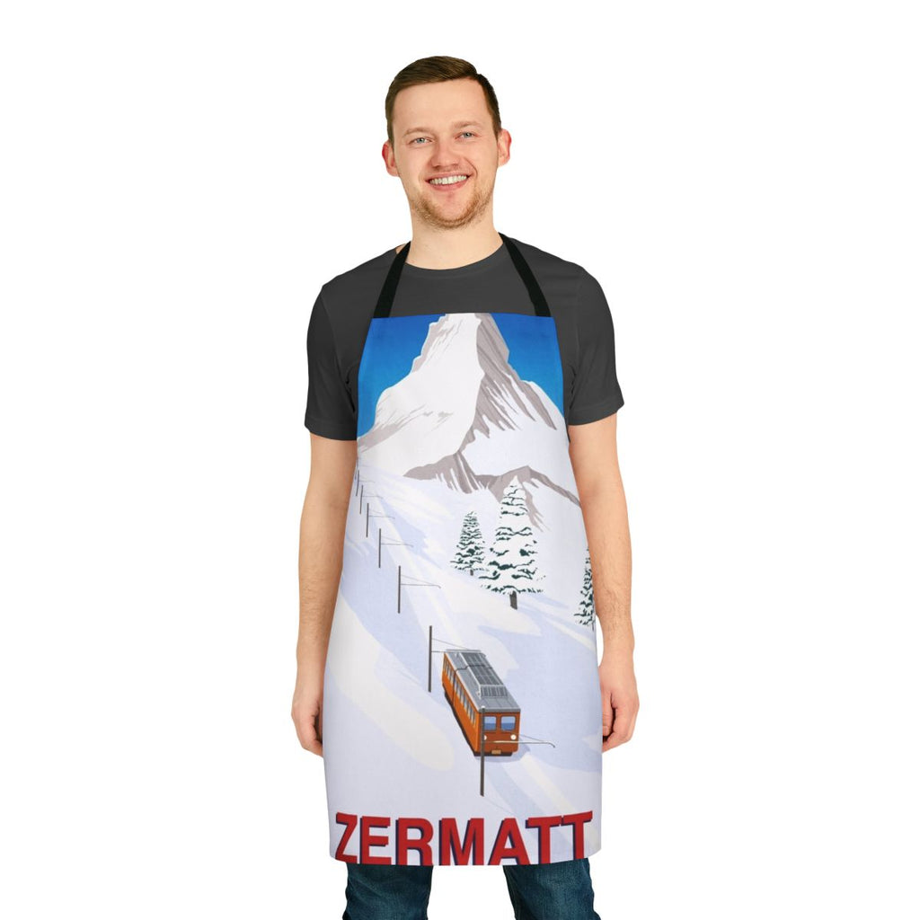 Vintage-style apron featuring a design inspired by the ski town of Zermatt, Switzerland and the Matterhorn mountain.