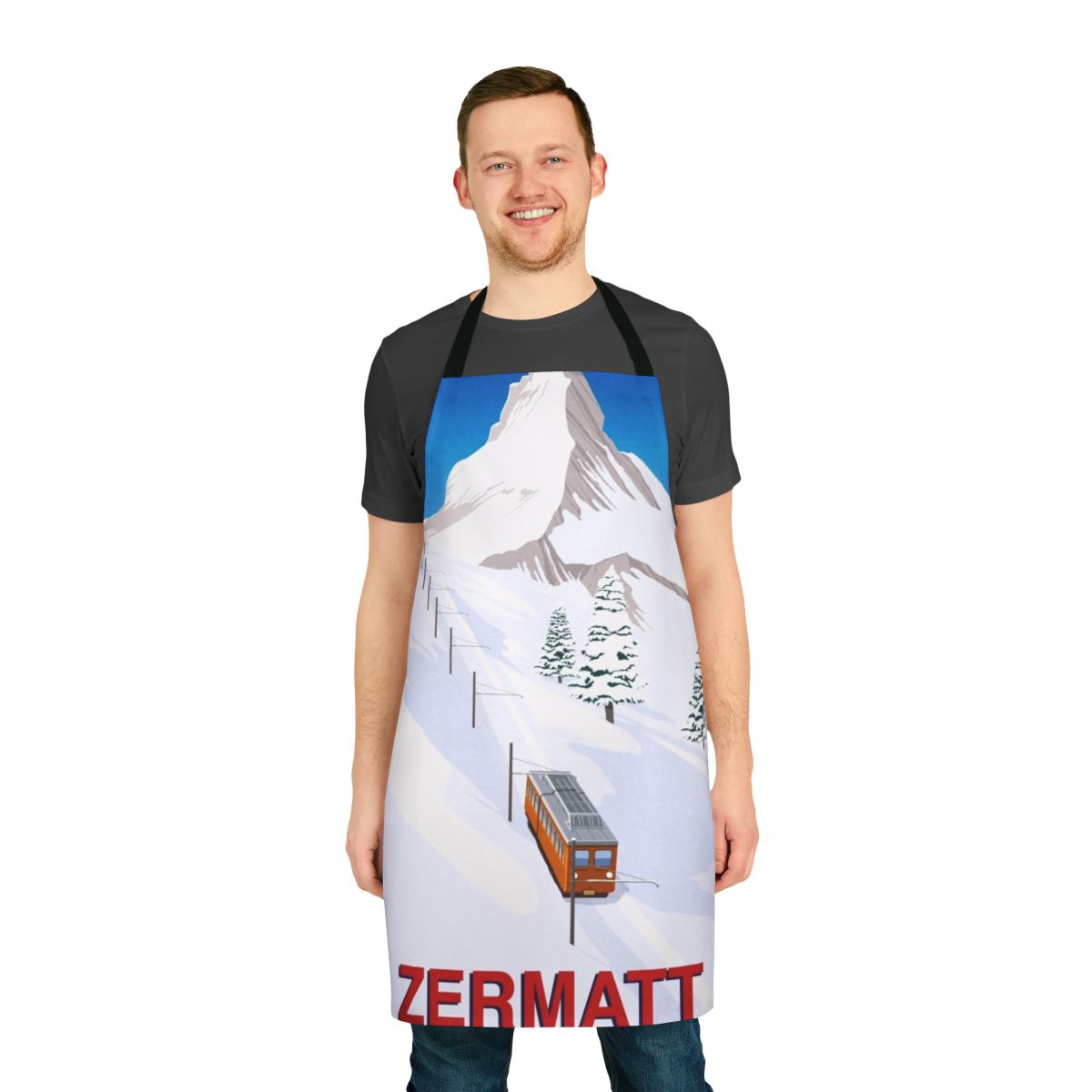 Vintage-style apron featuring a design inspired by the ski town of Zermatt, Switzerland and the Matterhorn mountain.