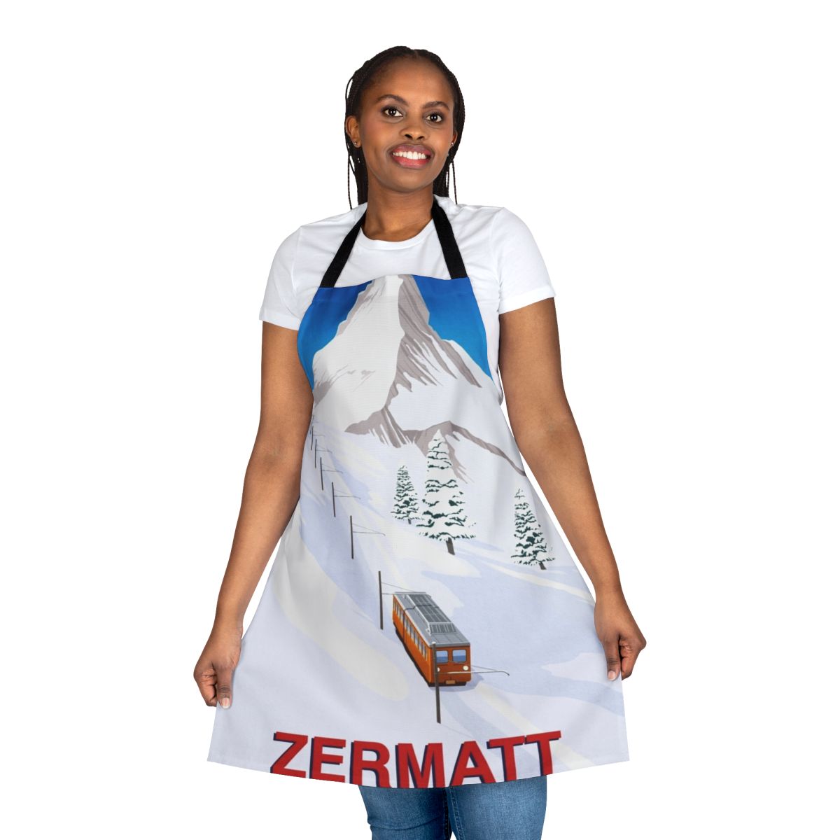Vintage-style apron featuring a design inspired by the ski town of Zermatt, Switzerland and the Matterhorn mountain.