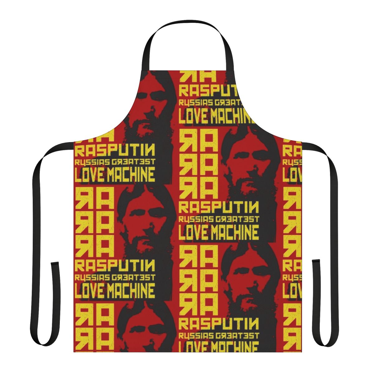Vintage-style cooking apron featuring a caricature of Rasputin, the infamous figure from Russian history