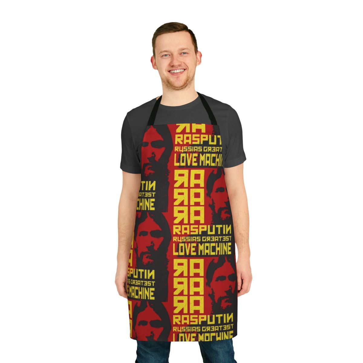 Vintage-style cooking apron featuring a caricature of Rasputin, the infamous figure from Russian history