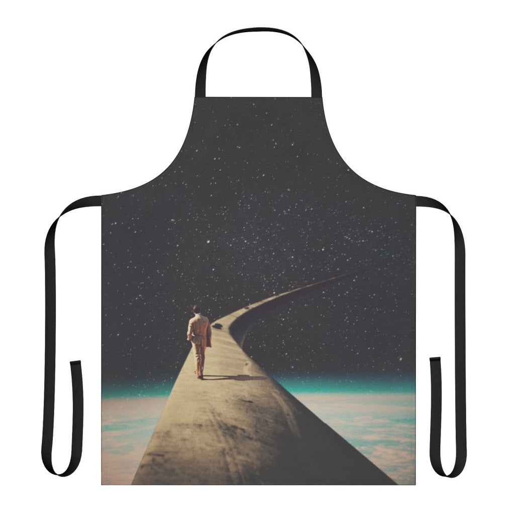 Vintage apron featuring surreal cosmic artwork depicting a lone figure walking down a road among the stars