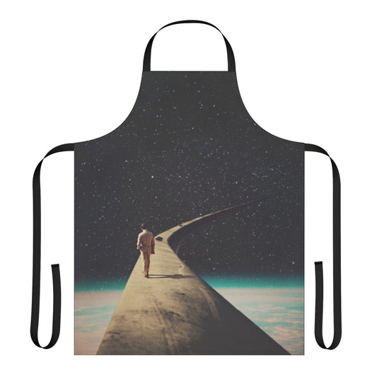 Vintage apron featuring surreal cosmic artwork depicting a lone figure walking down a road among the stars