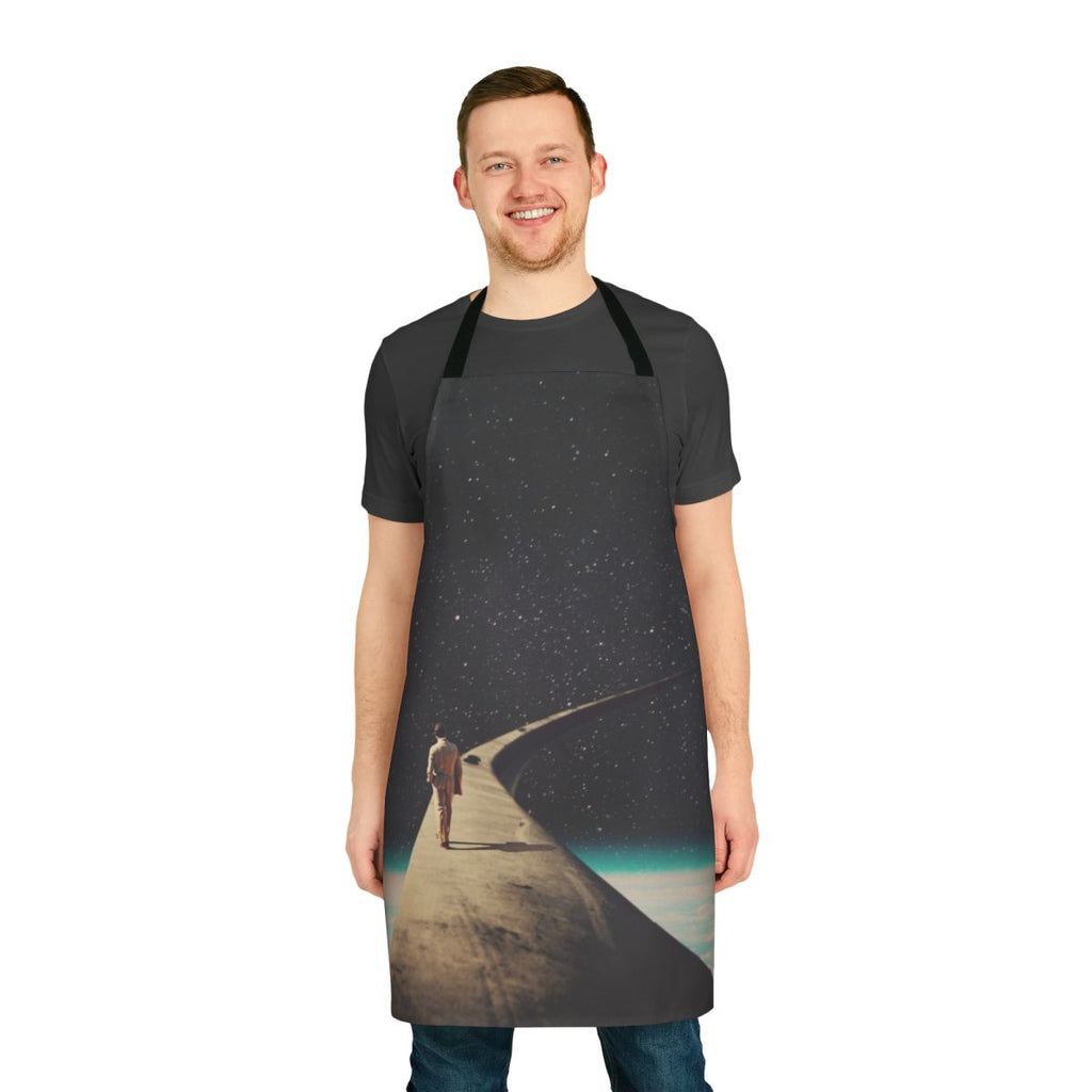 Vintage apron featuring surreal cosmic artwork depicting a lone figure walking down a road among the stars