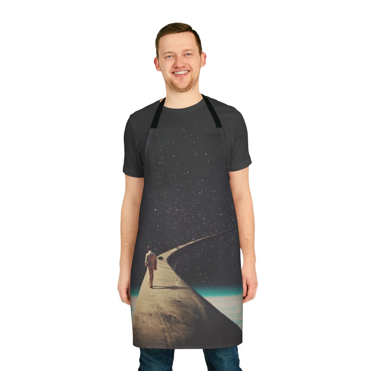 Vintage apron featuring surreal cosmic artwork depicting a lone figure walking down a road among the stars