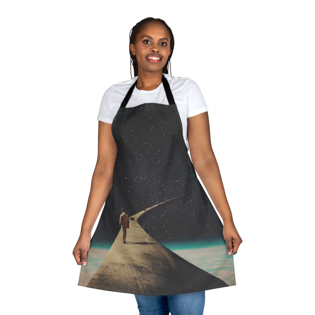 Vintage apron featuring surreal cosmic artwork depicting a lone figure walking down a road among the stars