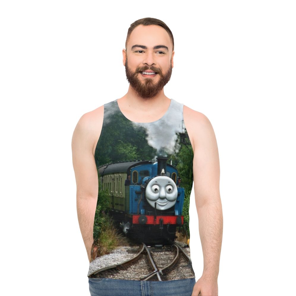 Unisex tank top with vintage steam locomotive design