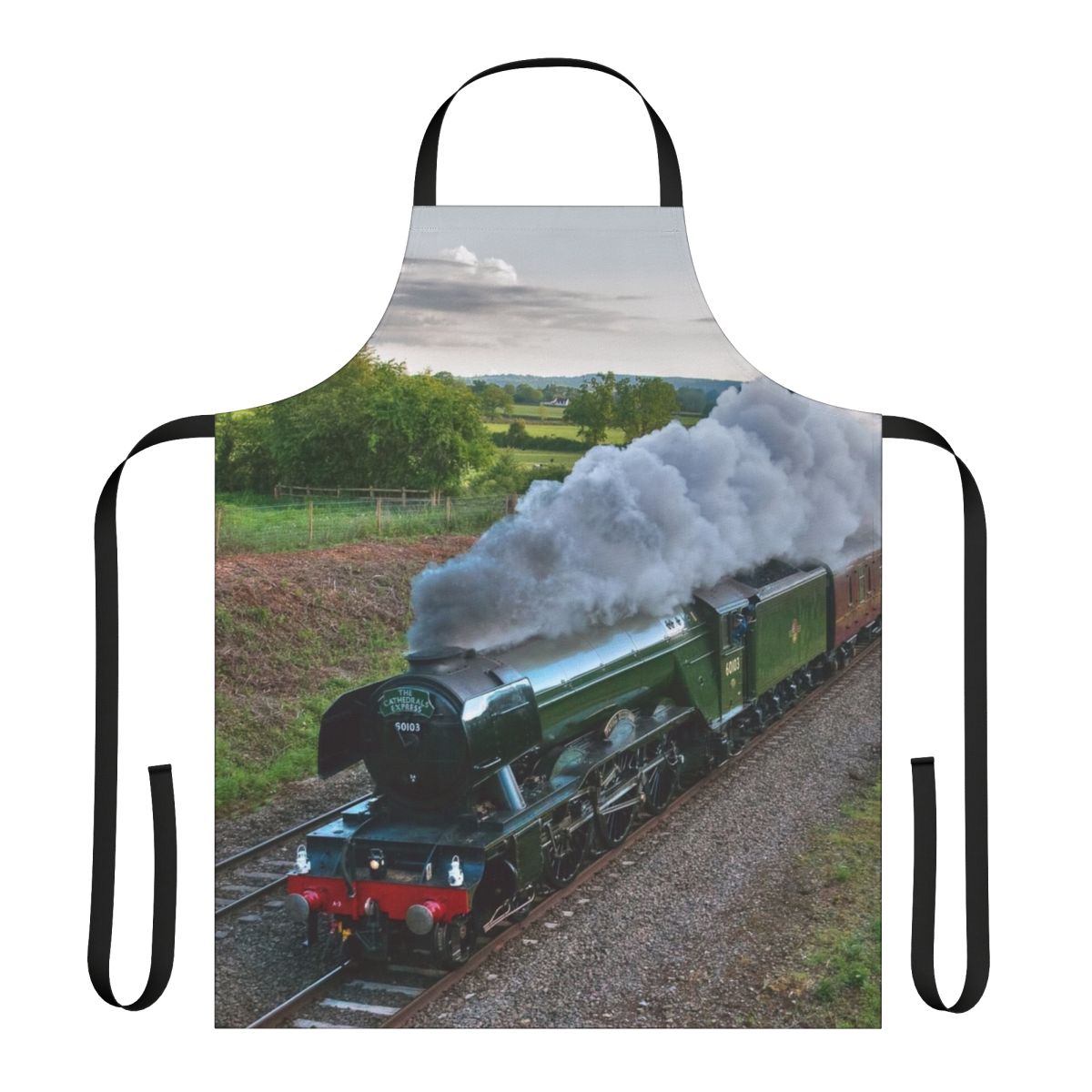 Vintage-inspired apron featuring the iconic Flying Scotsman steam locomotive