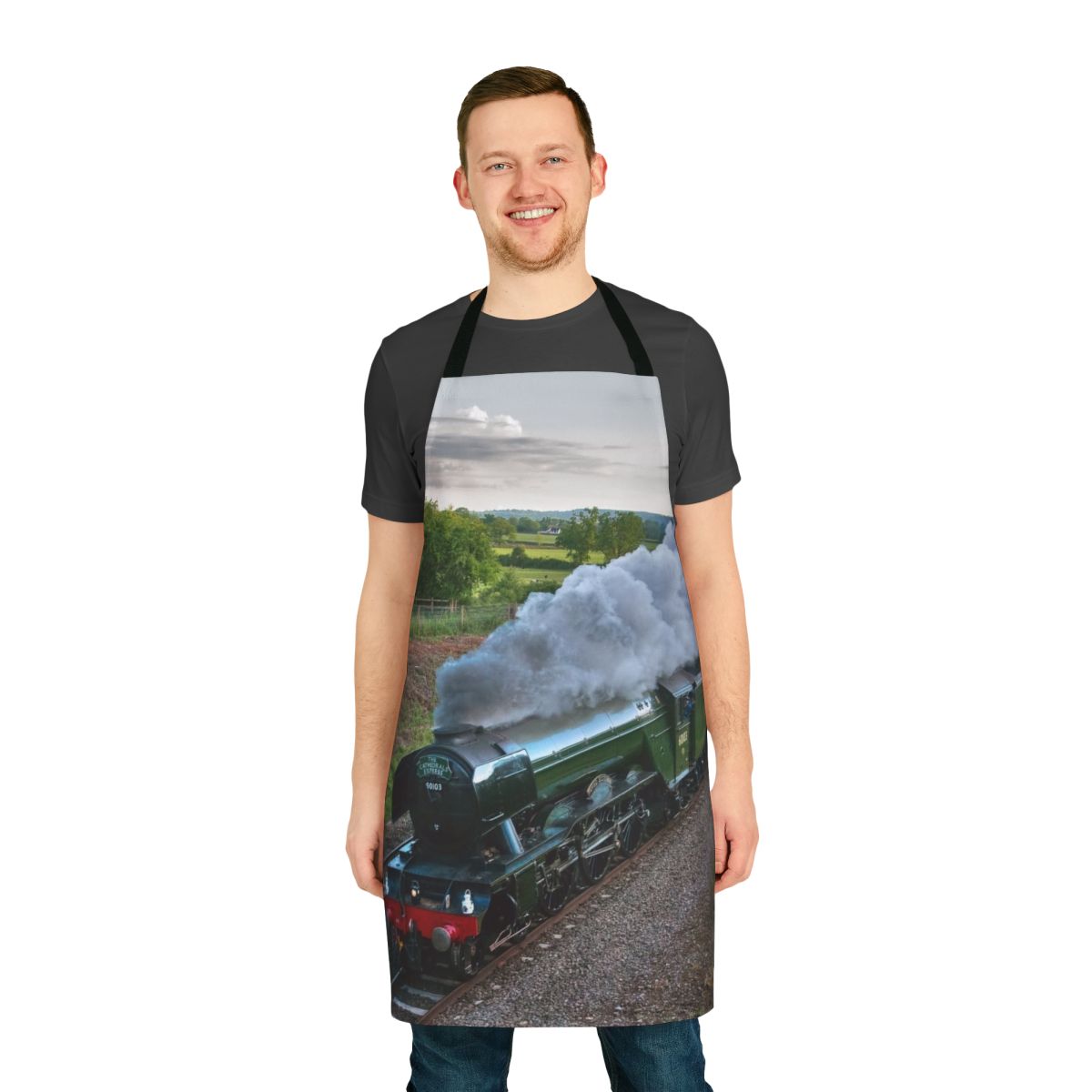 Vintage-inspired apron featuring the iconic Flying Scotsman steam locomotive