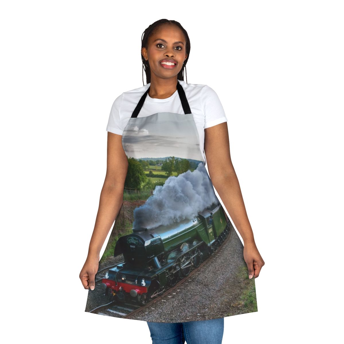 Vintage-inspired apron featuring the iconic Flying Scotsman steam locomotive