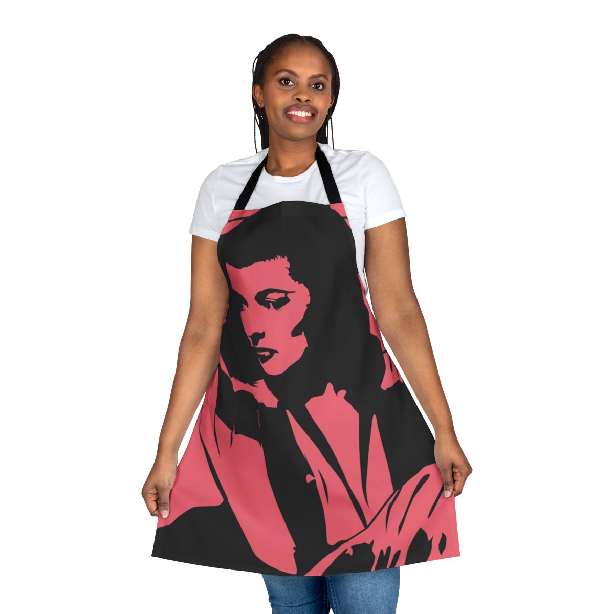 Vintage stencil design apron featuring a classic portrait of iconic actress Katharine Hepburn