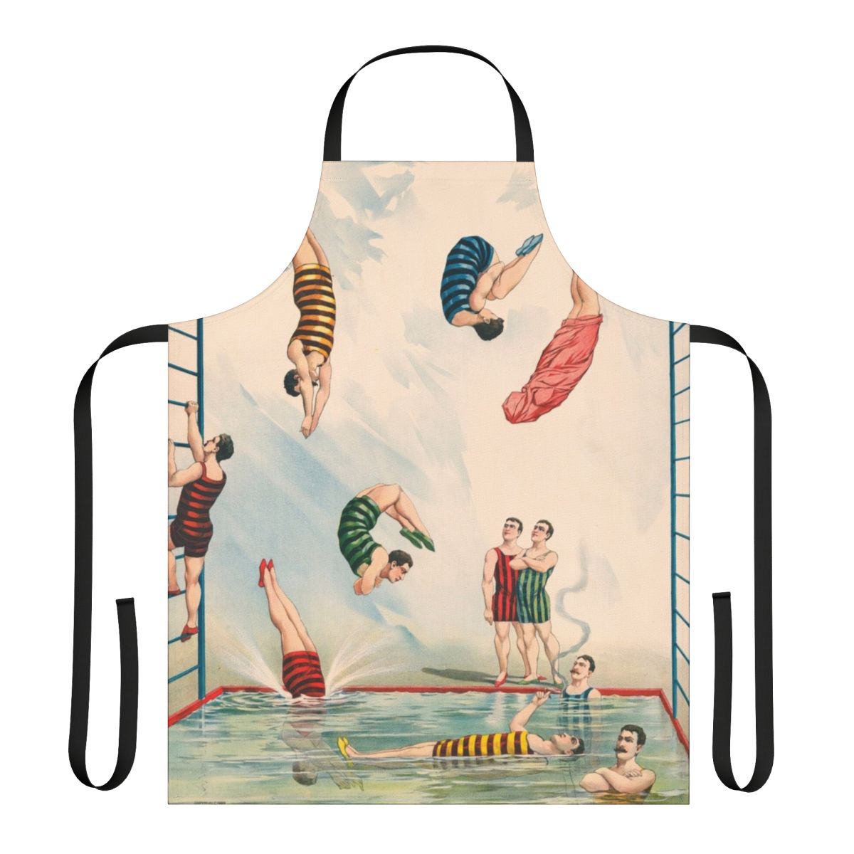 Vintage striped circus diver apron, featuring a colorful retro design perfect for pool parties and summer fun.