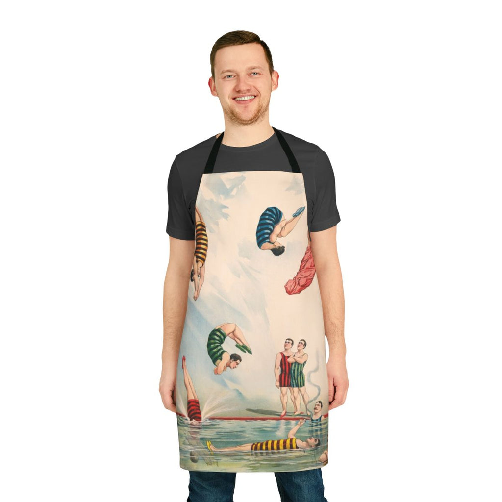Vintage striped circus diver apron, featuring a colorful retro design perfect for pool parties and summer fun.