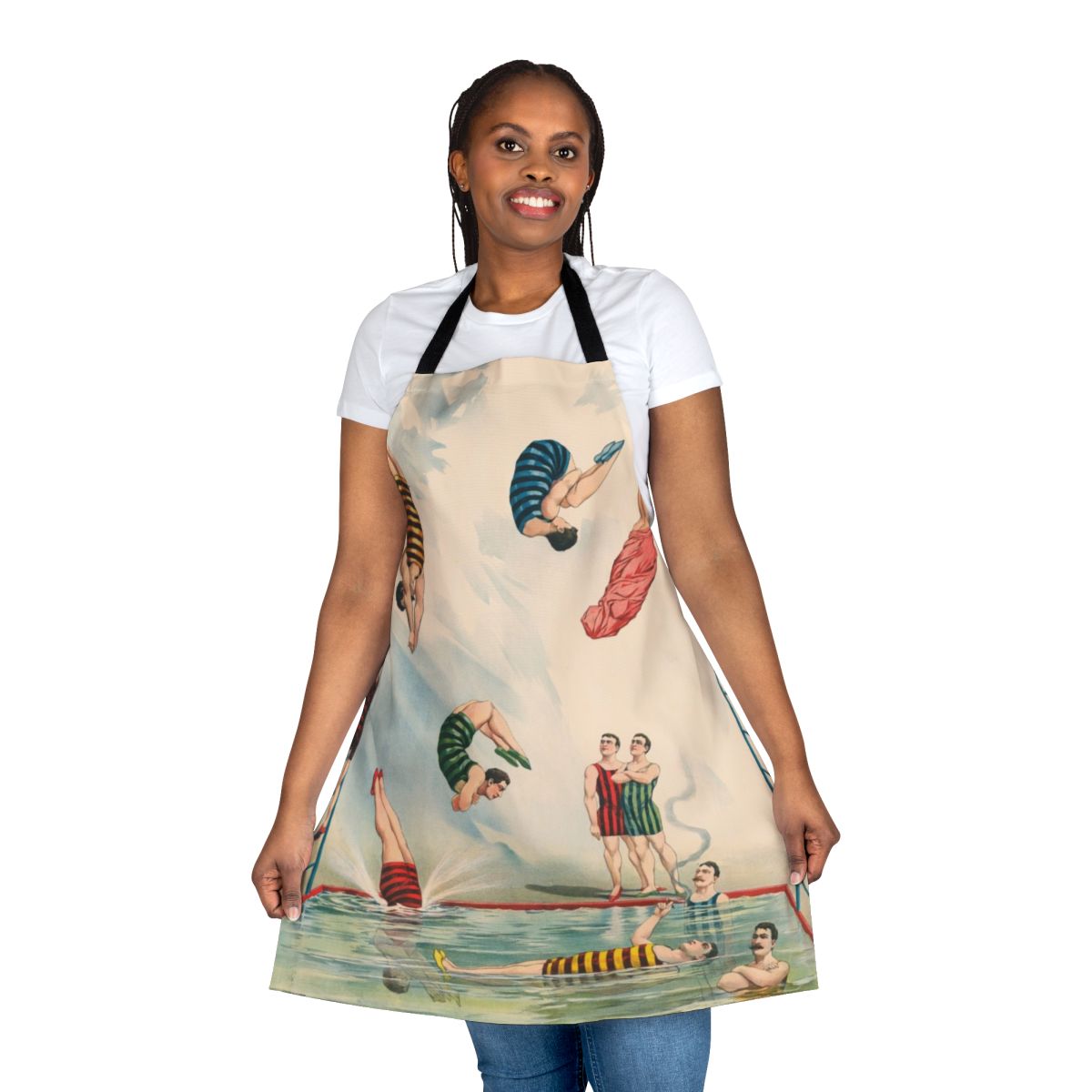 Vintage striped circus diver apron, featuring a colorful retro design perfect for pool parties and summer fun.