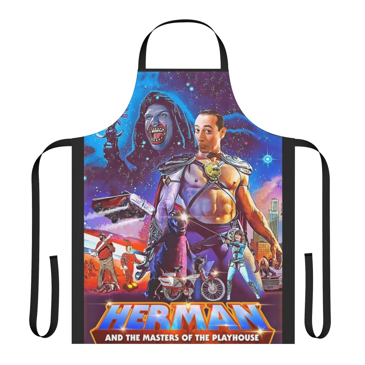 Vintage-style 1980s comedy-themed apron with playhouse and character designs