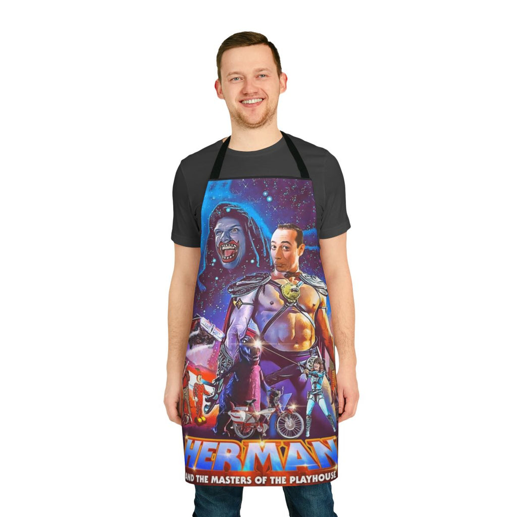 Vintage-style 1980s comedy-themed apron with playhouse and character designs