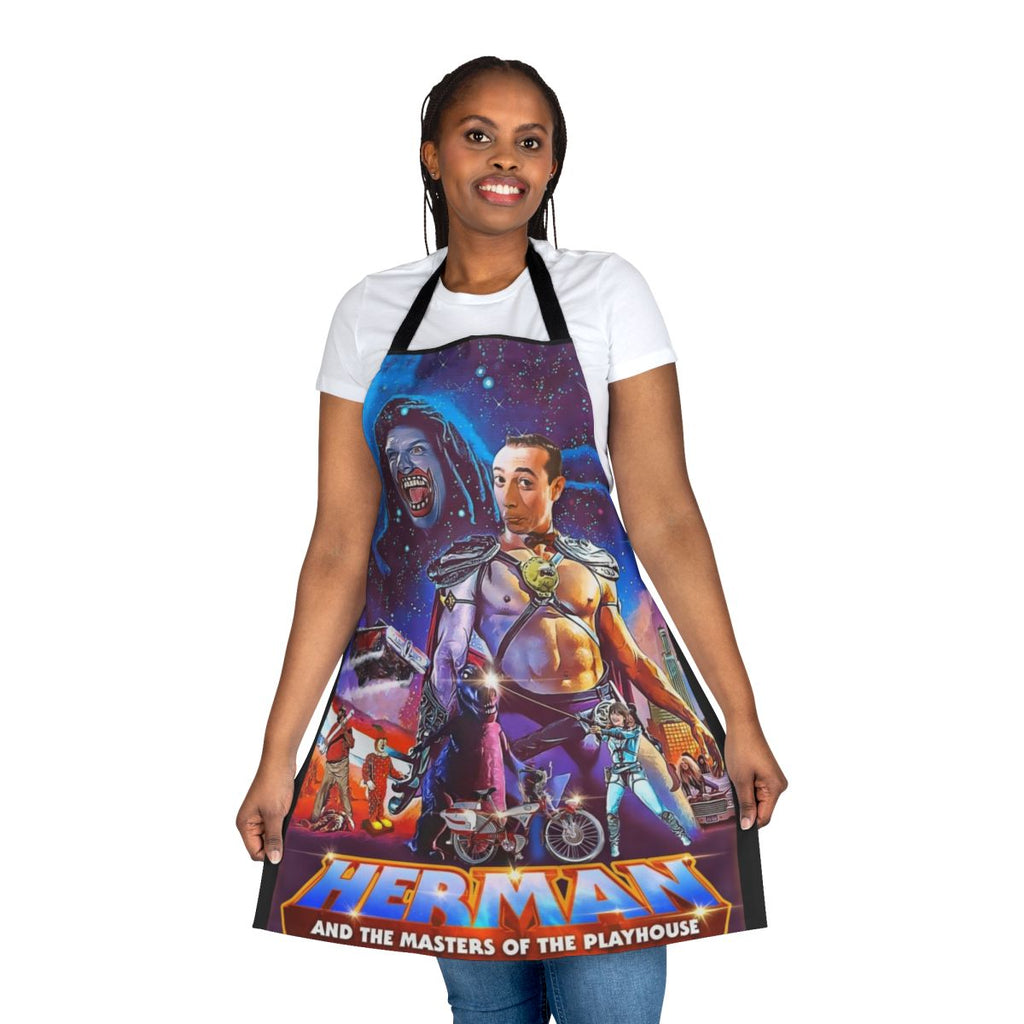 Vintage-style 1980s comedy-themed apron with playhouse and character designs