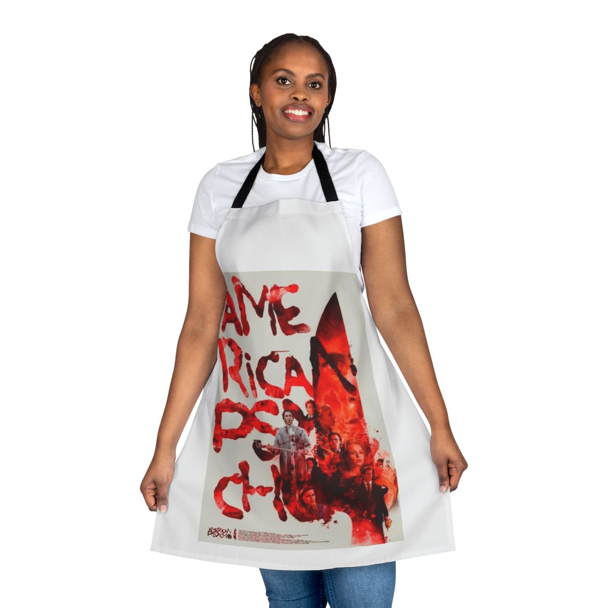 Stylish American Psycho movie-themed apron with retro graphics