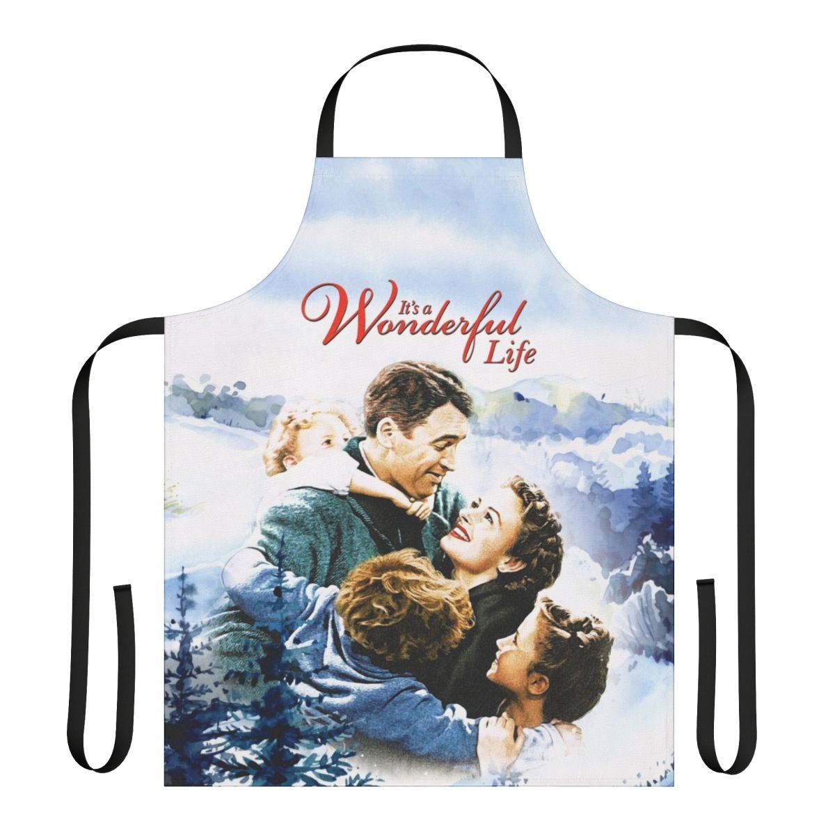 Vintage-style apron with a winter landscape scene from the classic Christmas movie "It's a Wonderful Life"